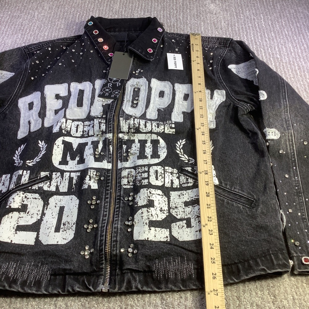 Red Poppy Black Wash Embellished Graphic Denim Jacket Mens Size XL NWT - Picture 12 of 14